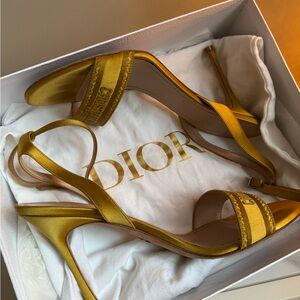 Gold Dior Dway Heeled Strappy Sandals Dark Saffron Cotton Strass Embroidered 42